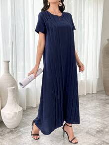 Al Najma 女士纯色简约日常短袖阿拉伯连衣裙 - 寶藍色 - 查看 6