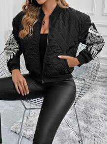 Calvaya Contrast Color Wing Sequin Patchwork Quilted  Long Sleeve Jacket Fall Winter Cloth For Women