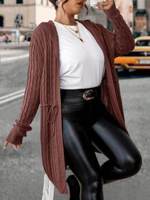 Calvaya Plus Drawstring Waist Cable Knit Hooded Cardigan, For Winter Fall Cloth For Women Autumn