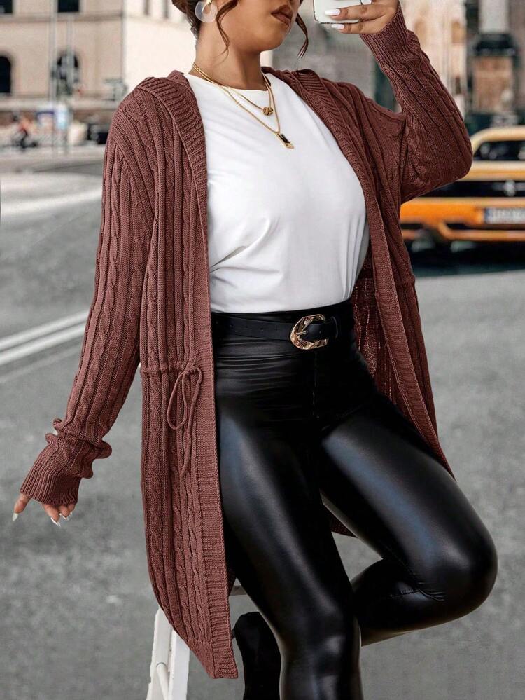 Plus Drawstring Waist Cable Knit Hooded Cardigan, For Winter Fall Cloth For Women Autumn