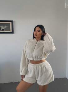 Flirla Plus Size Cute Fashionable Zip-Up Hooded Plush Jacket & Casual Plush Shorts Set - White - View 8