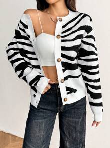 Flirla 女士斑马图案圆领长袖单排扣开衫，秋冬款