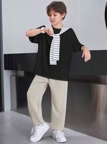 SHEIN 3 件套青少年男孩宽松休闲斗篷运动裤短袖 T 恤套装 - 彩色 - 查看 9