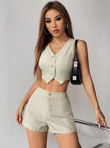 SHEIN PETITE Ladies' Single-Breasted Suit Vest And Shorts Set - Apricot - View 9