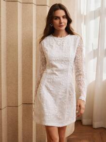 Anewsta Vestido mini blanco de encaje con cuello redondo y silueta evasé - Blanco - Ver 3