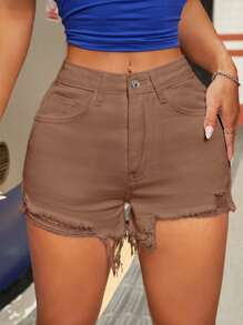 SHEIN PETITE Short de mezclilla unicolor, simple y casual para mujer - Marrón Mocha - Ver 1