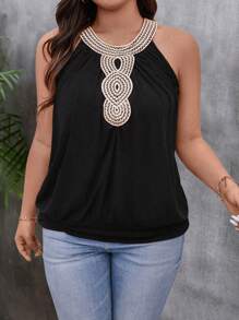 SHEIN LUNE Plus Size Summer Casual Contrast Color Hollow Lace Trim Camisole
