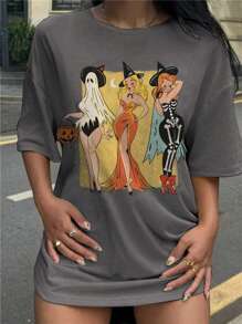 SHEIN EZwear 超大万圣节幽灵与南瓜图案圆领短袖 T 恤，宽松女式休闲夏季 T 恤，棉混纺 - 深灰色 - 查看 1