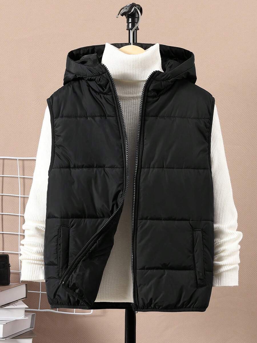 SHEIN Tween Boys' Hooded Quilted Thick Warm Woven Vest,In Fall/Winter - Black - View 1