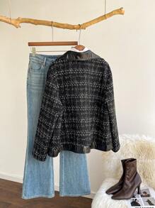 SHEIN Privé 大码女式格子翻领长袖宽松夹克，秋冬 - 黑與白 - 查看 9