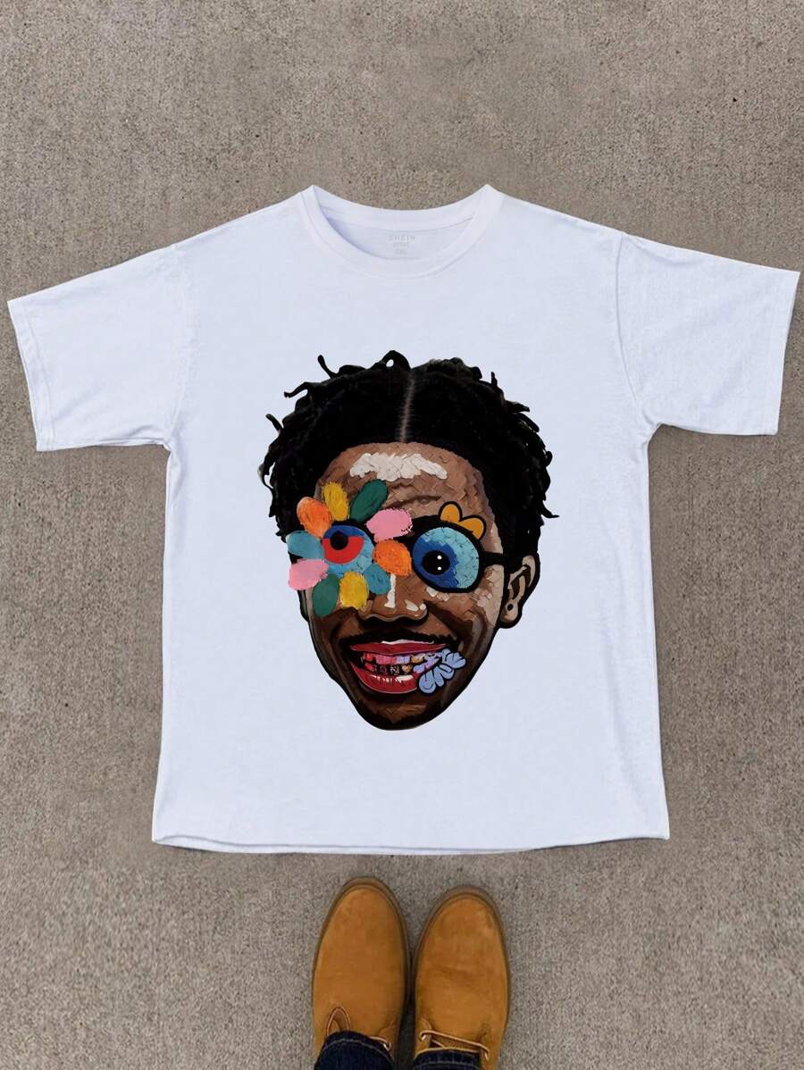 INAWLY 大码女式夏季图案印花圆领短袖休闲 T 恤 - 白色 - 查看 1