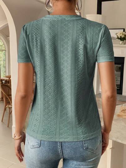 SHEIN Frenchy Solid Eyelet Textured Fabric Embroidery Tee