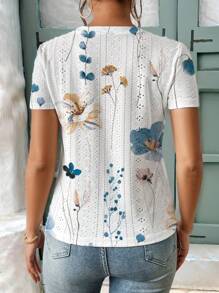 SHEIN Frenchy Solid Eyelet Embroidery Round Neck White Tee Commute Minimalist Office Old Money  Simple  Commute Minimalist Office Old Money  Simple Flower