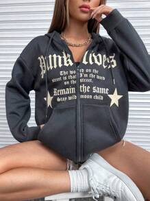 StreetHx Star & Slogan Graphic Drop Shoulder Drawstring Zipper Hoodie,Long Sleeve Tops Graduation,Back To School Outfits,Graduation,Teacher Outfits For Women,Back To School Pullover Fall Outfit - Grey - View 1