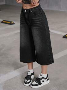 SHEIN Teen Girls Y2K Style Loose Fit Black Bermuda Denim Jeans, Back To School Cute Clothes Outfits, Autumn - Black - View 5