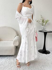 Modelyn Áo khoác và váy in họa tiết màu trơn dành cho nữ, trang phục hàng ngày đơn giản, 2 cái/bộ - Nhiều màu - Xem 6