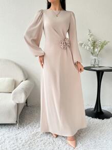 Modelyn Women's Solid Color Crewneck Applique Elegant Long Sleeve Arabian Dress Long Evening Dresses