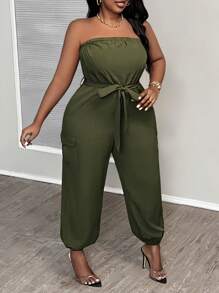 Slaydiva Plus Size Casual Streetwear Solid Color Strapless Jumpsuit With Belt, Pockets And Elastic Cuffs