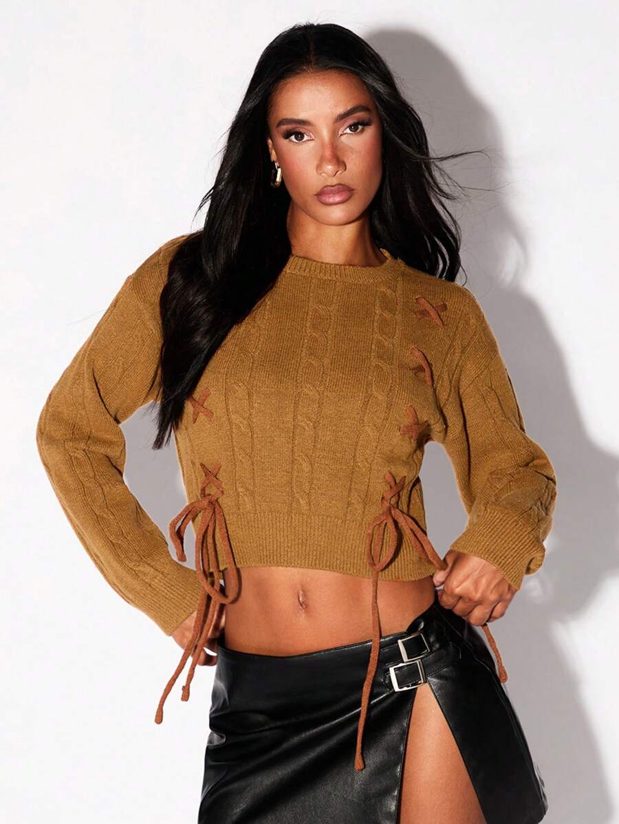 Glamine Women's Casual Criss-Cross Tied Cropped Sweater, Spring Autumn Knit Pullover Fall Winter Outfit - Camel - View 1