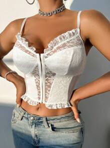 VaVaBold 纯色时尚优雅性感高端蕾丝褶饰耳环排扣鱼骨吊带背心