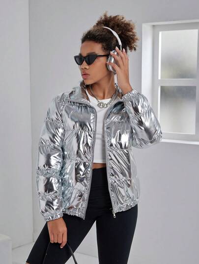 Teenager Mädchen 2024 Mantel mit Laser Kragen und Wattierung, Streetwear Stil