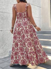 Breezaya Plus Size Women Plant Print Dress With Ruffle Hem Elegant Vacation Dress - Multicolor - View 2