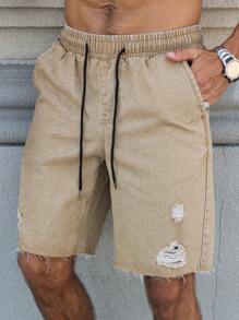 Manfinity Homme 男士抽绳腰休闲破洞设计时尚牛仔短裤、牛仔短裤