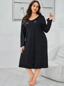 Contrast Color Butterfly Embroidered Casual Loose Lounging Dress In Plus Size - Black - View 4