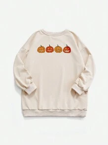 Flirla Women's Pumpkin Print Crew Neck Loose Fit Long Sleeve Casual Sweatshirt, Spring/Autumn