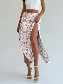 Aloruh Young Women's Romantic Floral Print Low Waist Slit Flare Hem Solid Color Pleated Long Skirt - Multicolor - View 3