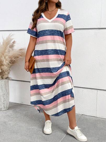 EMERY ROSE Plus Size Striped Print V-Neck Long Loose Curved Hem Short Sleeve T-Shirt Maxi Women Outfit