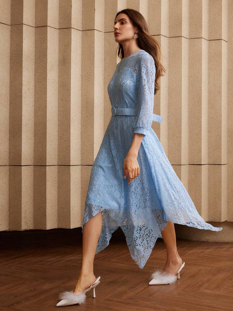 Women's Elegant Floral Lace Asymmetric Midi Dress, Crew Neck, Half Sleeve