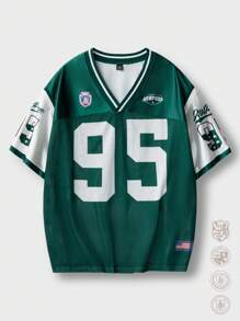 Manfinity RebelGame Men's Loose Fit Digital Print Knit Collar Short Sleeve Jersey T-Shirt Suitable For Summer,Bloke Core,Back To School