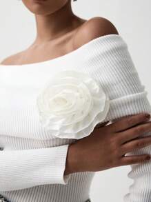 Lumivelle Women's Sexy Off-Shoulder 3D Floral Embellished Long Sleeve Knit Sweater