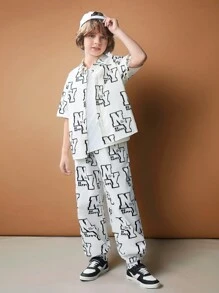 SHEIN 2 件套 Tween Boy 休闲编织纯色字母印花 Polo 领衬衫和踝长裤套装