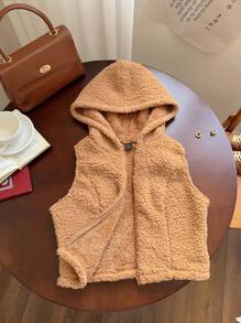 Comfortcana 驼绒大码女款拉链休闲连帽背心夹克羊毛背心棕色泰迪熊背心泰迪熊连帽衫背心女款秋冬背心