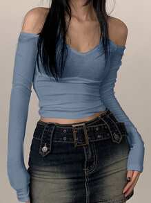 DAZY 女士纯色简约日常挂脖长袖 T 恤 - 霧霾藍 - 查看 1