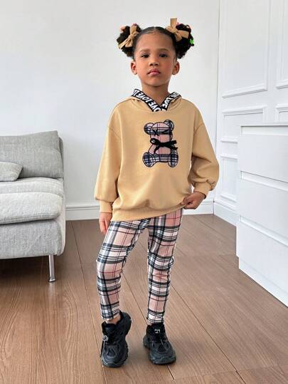 SHEIN Young Girl Letter & Bear Print Drop Shoulder Hoodie & Plaid Print Leggings