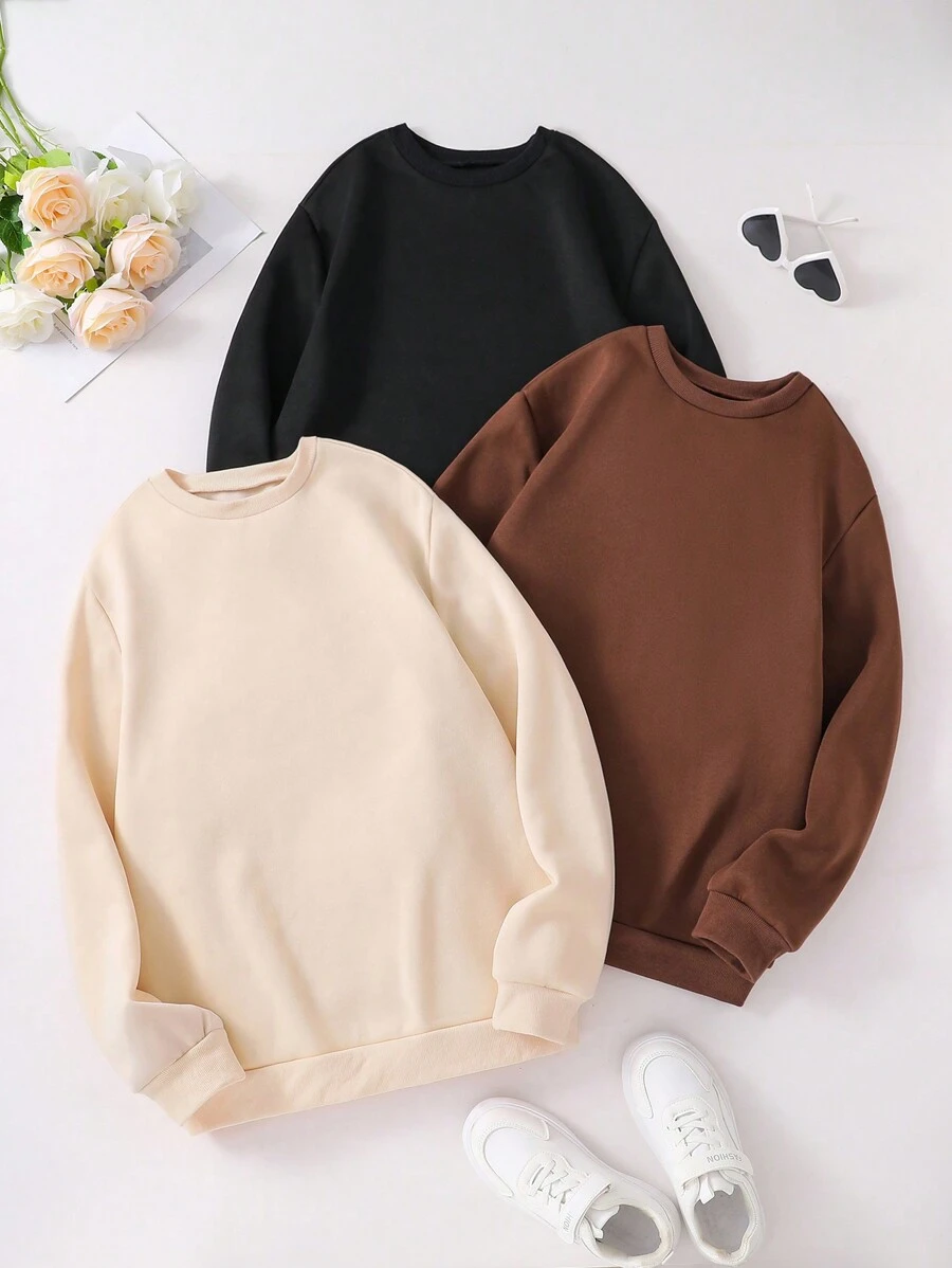 3pcs/Set Teenage Girls' Casual Crew Neck Solid Color Pullover Knit Sweatshirts - Multicolor - View 1