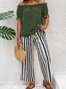 SHEIN LUNE Plus Size Nữ Mùa Hè Chắc Chắn Frill Viền Lệch Vai Tay Ngắn & Quần Sọc Thường Ngày 2 Bộ - màu xanh lá - Xem 5