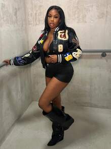 BamGleam Women's Contrast Color Patch Pocket Zipper Short Casual Baseball Jacket Fall Winter Cloth For Women - Black - View 6