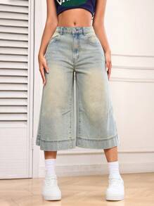 SHEIN EZwear Jeans de mezclilla de pierna ancha y lavados de 3/4 para mujer, de estilo casual de verano - Lavado ligero - Ver 2