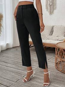 SHEIN Clasi Pantalón tipo capri de color negro sólido y minimalista para mujer, de uso diario - Negro - Ver 3