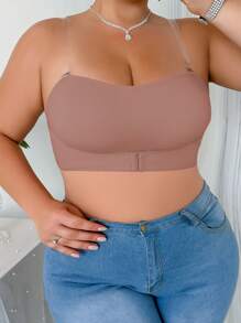 SHEIN Plus Size dành cho nữ có dây buộc phía trước nút áo ngực & áo ngực không dây - Màu Khaki - Xem 3