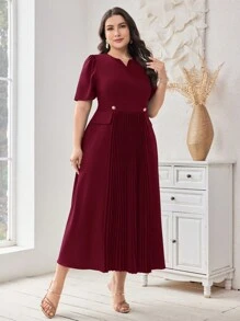 Modelyn 勃艮第红色加大码女式夏季纯色 V 领短袖褶边优雅连衣裙 - 酒紅色 - 查看 5