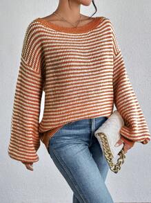 SHEIN LUNE Women's Fall Contrast Striped Print Off-Shoulder Long Sleeve Sweater,Long Sleeve Tops,Casual - Multicolor - View 7