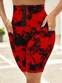 SHEIN Lady 女式随机印花纽扣前部紧身裤 - 紅色 - 查看 5