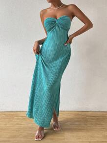 SHEIN PETITE 女士优雅蓝色褶皱露肩扭纹前中长连衣裙长款女装 - 青碧色 - 查看 6