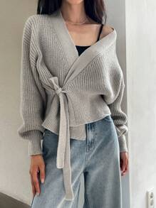 DAZY Women V-Neck Tie Front Solid Color Long Sleeve Cardigan - Grey - View 6