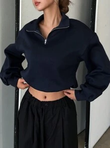 DAZY Sudadera con capucha de unicolor con cremallera y cordón en el bajo, ropa de otoño - Azul Marino - Ver 1